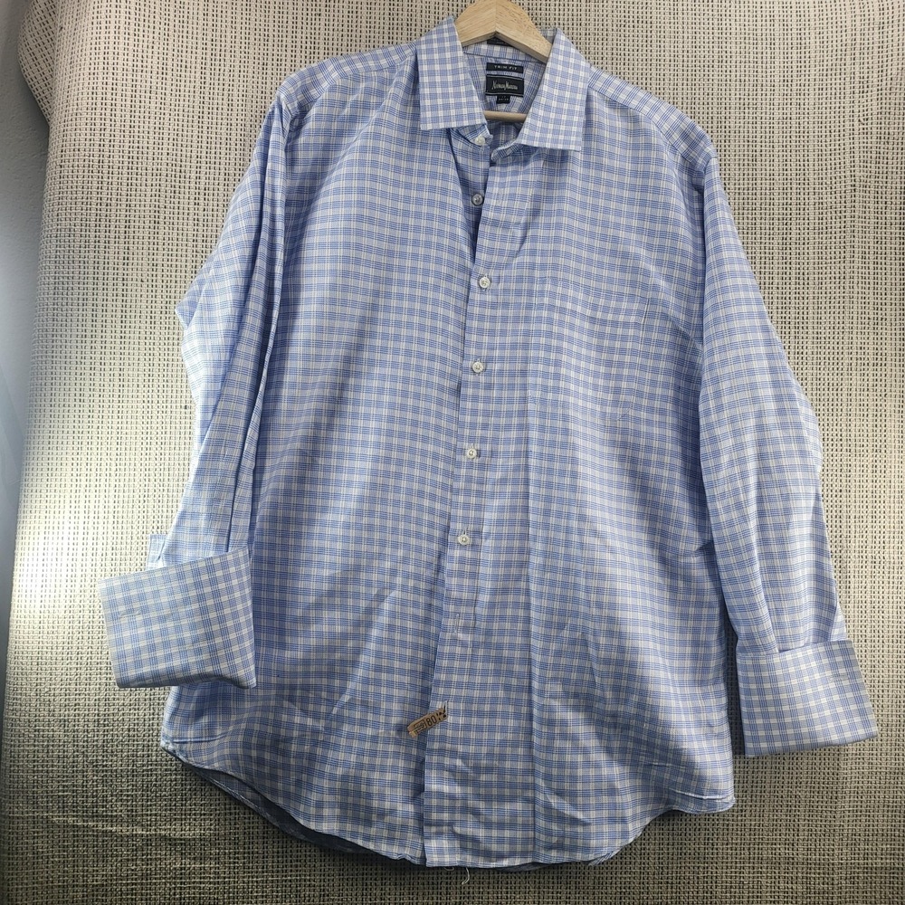 Neiman Marcus Shirt Mens 17 34/35 Blue Check‎ Trim Fit 2-Ply Cotton Business